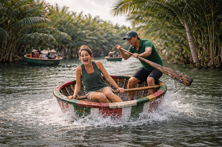 Basket boat tour in Bay Mau coconut forest